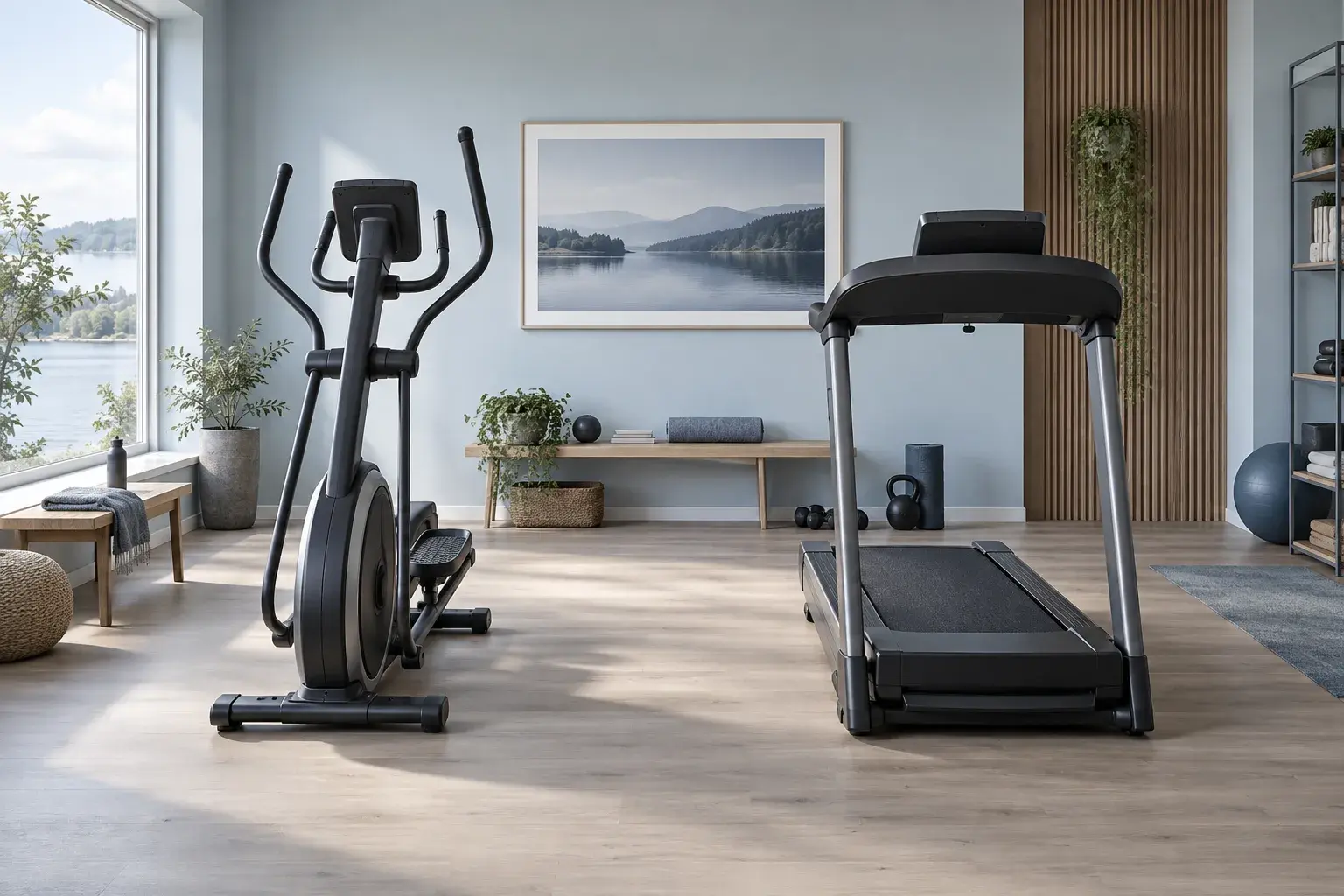 Crosstrainer og løbebånd placeret side om side i et lyst træningsrum