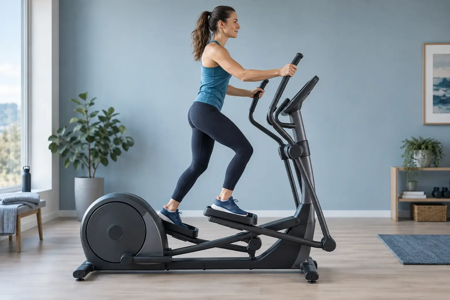 Kvinde bruger både pedaler og bevægelige håndtag på en crosstrainer