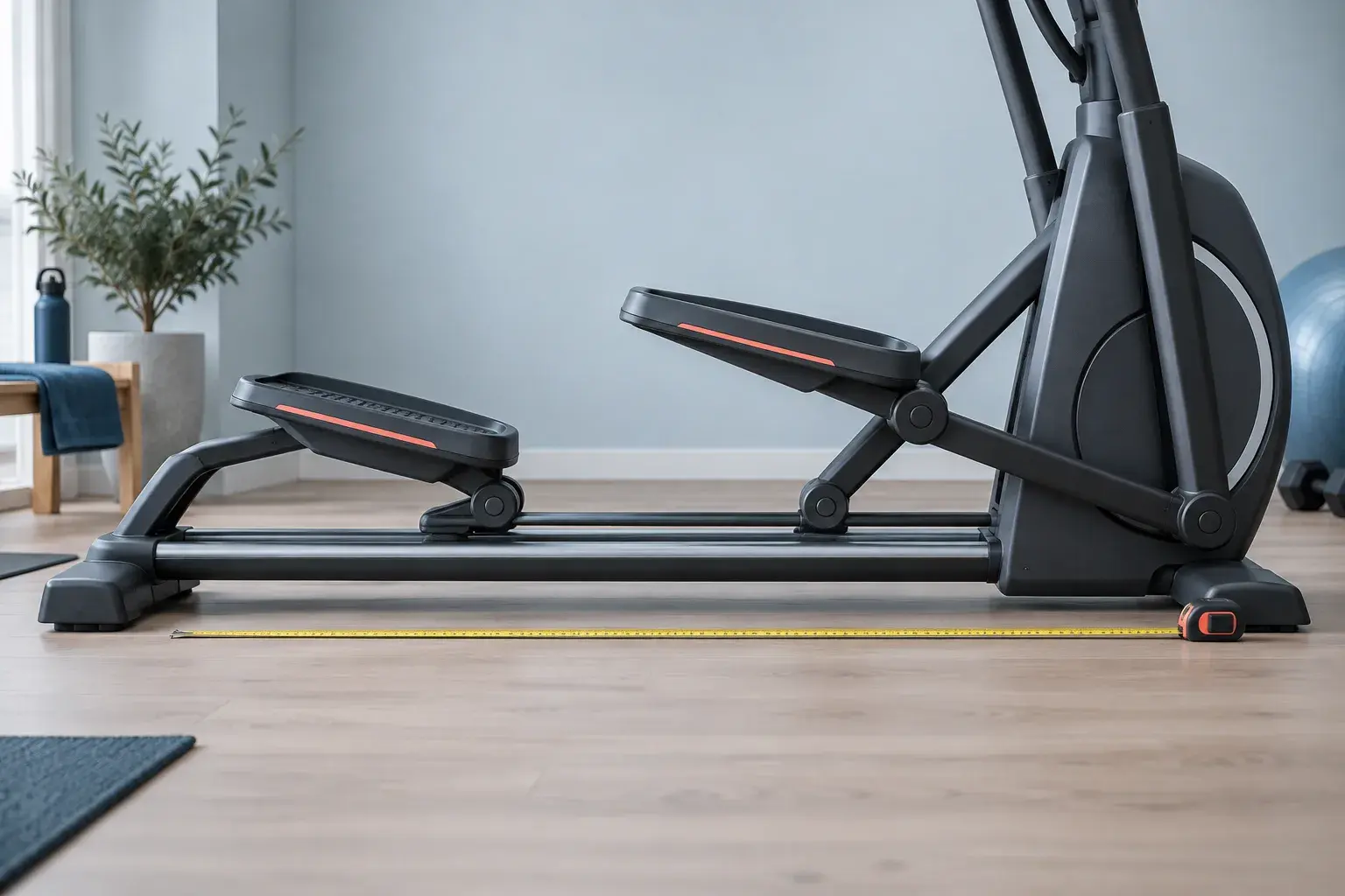 Pedaler og skinne på en crosstrainer med målebånd langs gulvet