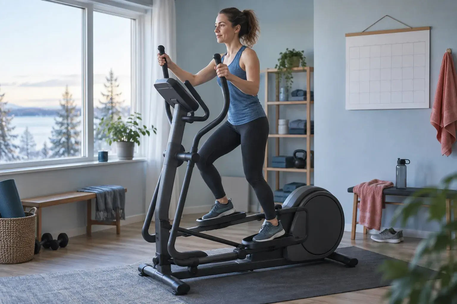 Kvinde træner roligt på en crosstrainer i et lyst hjemmetræningsrum
