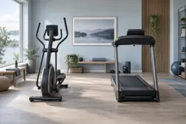 Crosstrainer og løbebånd placeret side om side i et lyst træningsrum