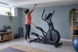 Kvinde måler frihøjden over en crosstrainer i et rum med lavt loft
