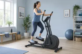 Kvinde med rolig oprejst holdning på en crosstrainer