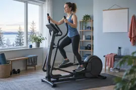 Kvinde træner roligt på en crosstrainer i et lyst hjemmetræningsrum