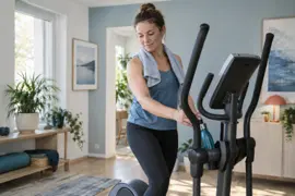 Kvinde tager sin vandflaske efter træning på en crosstrainer
